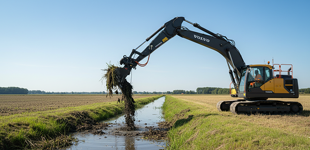 Koparka pracujaca przy rowie melioracyjnym
